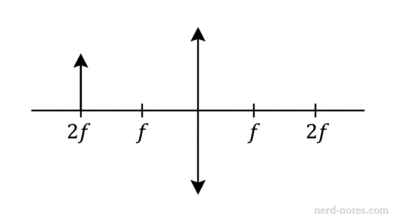 Object placed at twice the focal length of a converging lens.