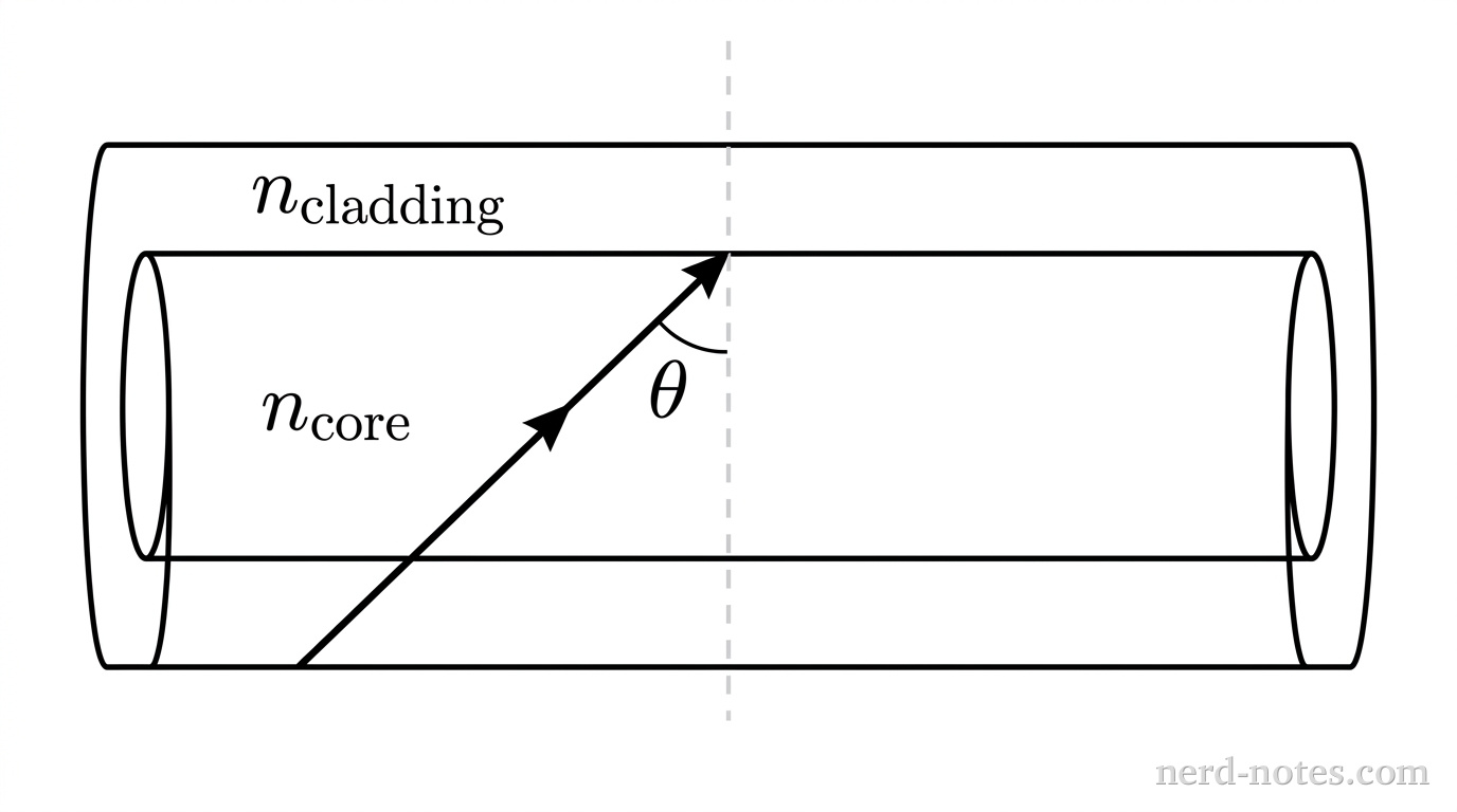 A horizontal optical fiber shown in cross-section, consisting of an inner cylindrical core with refractive index labeled n_core, surrounded above and below by a cladding layer with refractive index labeled n_cladding. A light ray inside the core travels toward the upper core-cladding boundary, striking it at an angle theta relative to a dashed line normal to the interface. No other labels, lines, text, or axes appear.