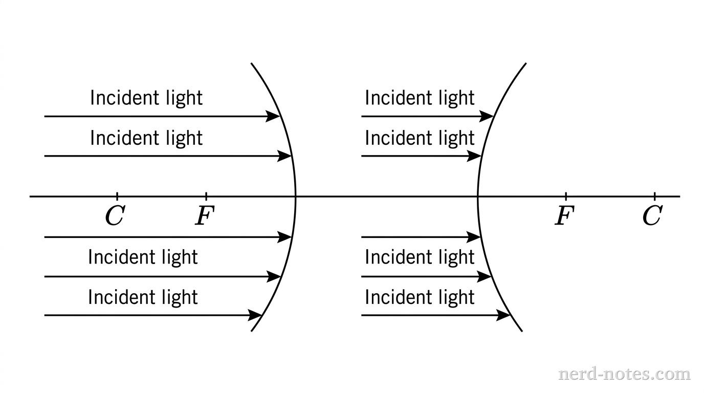 A horizontal principal axis line runs continuously across two side-by-side optical diagrams. On the left, a concave spherical mirror is depicted as a thin vertical arc curving inward toward the left, with its reflective surface facing left. A point labeled F is on the axis to the left of the mirror, and a point labeled C is further left along the axis. On the right, a convex spherical mirror is depicted as a thin vertical arc curving outward toward the left, with its reflective surface facing left. Points labeled F and C are on the axis to the right of the mirror, behind the reflective surface. Horizontal arrows labeled 'Incident light' point from left to right toward each mirror surface. No other labels, lines, text, or axes appear.