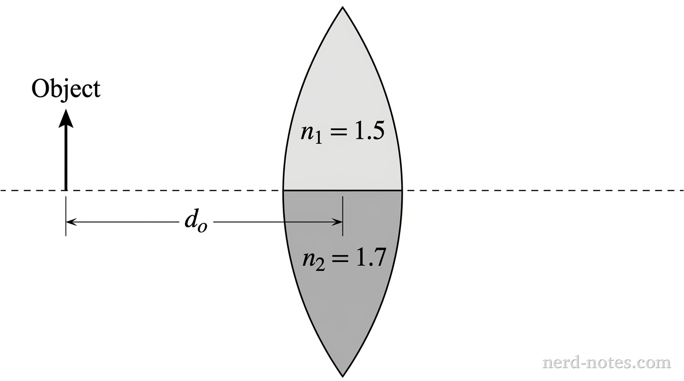 A side-view schematic of a composite thin biconvex lens mounted vertically on a horizontal principal axis. The upper half of the lens is shaded light gray and labeled n_1 = 1.5. The lower half of the lens is shaded medium gray and labeled n_2 = 1.7. A horizontal dashed line represents the central principal axis passing through the geometric center of the lens. To the left of the lens, an upright vertical arrow labeled Object stands on the principal axis at a distance d_o from the lens center. No light rays, images, or focal points are drawn. No other labels, lines, text, or axes appear.