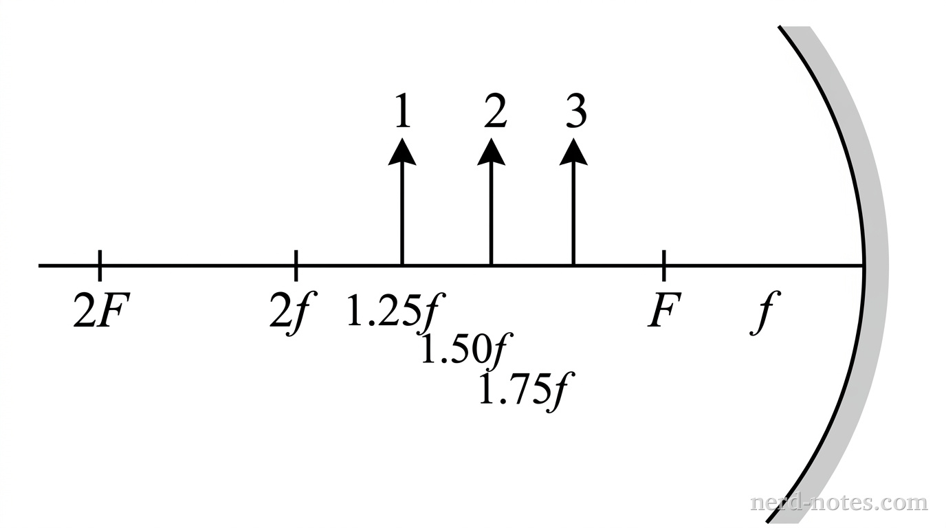 A horizontal principal axis line extends across the diagram. On the right end, a concave mirror is drawn as a vertical arc curving outward to the right. Along the principal axis to the left of the mirror vertex, tick marks indicate key points: the focal point labeled F at distance f, and the center of curvature labeled 2F at distance 2f. Three vertical arrows representing object positions sit on the principal axis between F and 2F: arrow 1 at distance 1.25f from the vertex, arrow 2 at distance 1.50f, and arrow 3 at distance 1.75f. No other labels, lines, text, or axes appear.