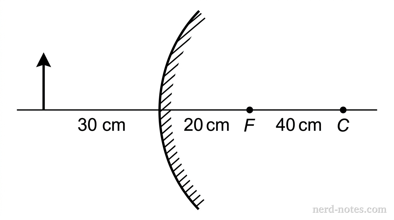 A horizontal line representing the principal axis of a convex spherical mirror. The mirror surface is depicted as a smooth vertical arc bulging toward the left. An upright object arrow stands on the principal axis at a distance 30 cm to the left of the mirror vertex. To the right of the mirror along the axis, a focal point label F is located 20 cm from the vertex, and a center of curvature label C is located 40 cm from the vertex. No light rays, back-extensions, or image arrows are drawn. No other labels, lines, text, or axes appear.