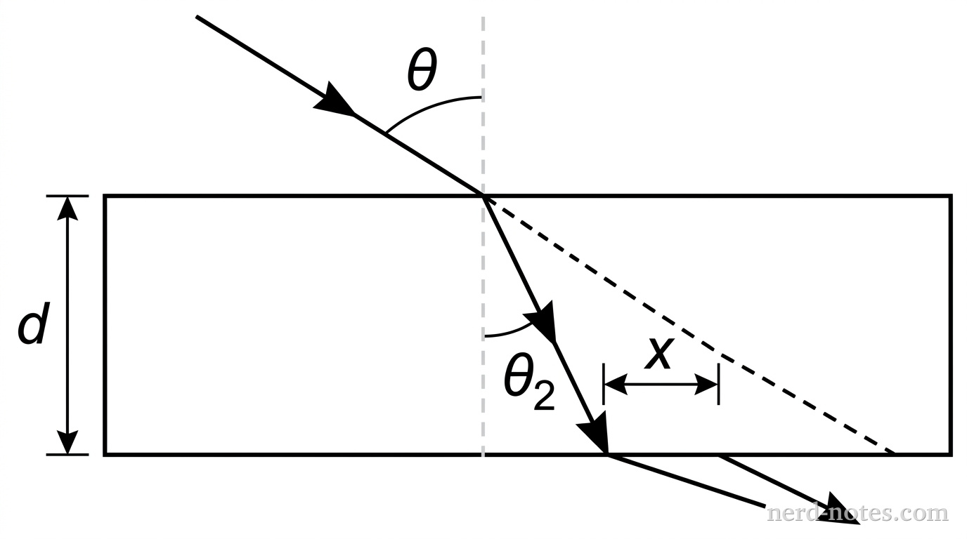 A rectangular glass slab of thickness d is shown in cross-section with horizontal top and bottom boundaries. A light ray traveling from the upper-left hits the top boundary at an angle \theta relative to the vertical normal line. Inside the slab, the ray bends toward the normal line at an angle \theta_2 relative to the vertical. The ray exits the bottom boundary and continues to the lower-right parallel to the incident ray path. A dashed line extends the path of the original incident ray straight through the slab. A perpendicular double-headed arrow labeled x spans the distance between the extended original path and the actual emerging ray. No other labels, lines, text, or axes appear.