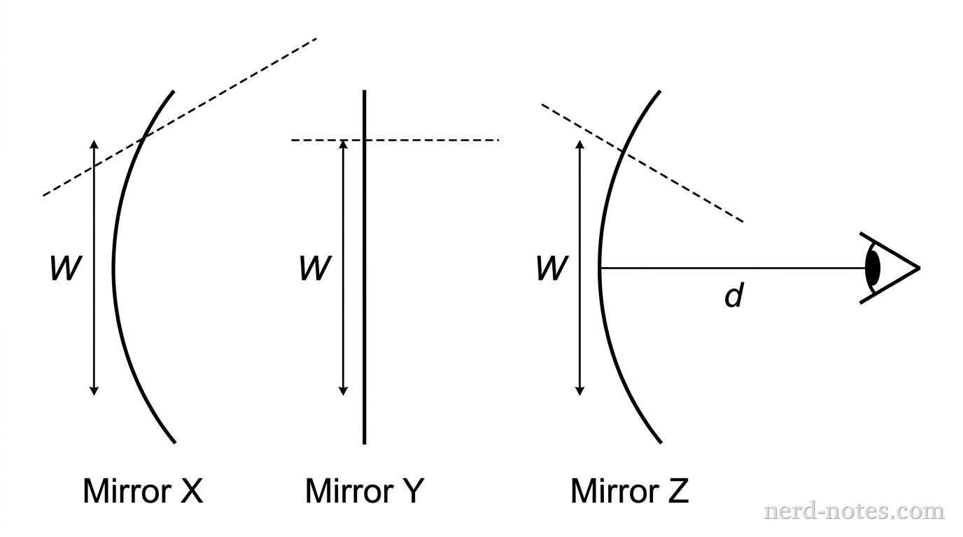 Side-view diagram showing three vertical mirrors facing an observer's eye located at a distance d to the right on the horizontal principal axis. Mirror X is convex curving away from the eye. Mirror Y is a straight vertical line representing a plane mirror. Mirror Z is concave curving toward the eye. Each mirror has identical vertical width W. At the top edge of each mirror, a dashed line represents the local surface normal: tilted upward for Mirror X, horizontal for Mirror Y, and tilted downward for Mirror Z. No other labels, lines, text, or axes appear.