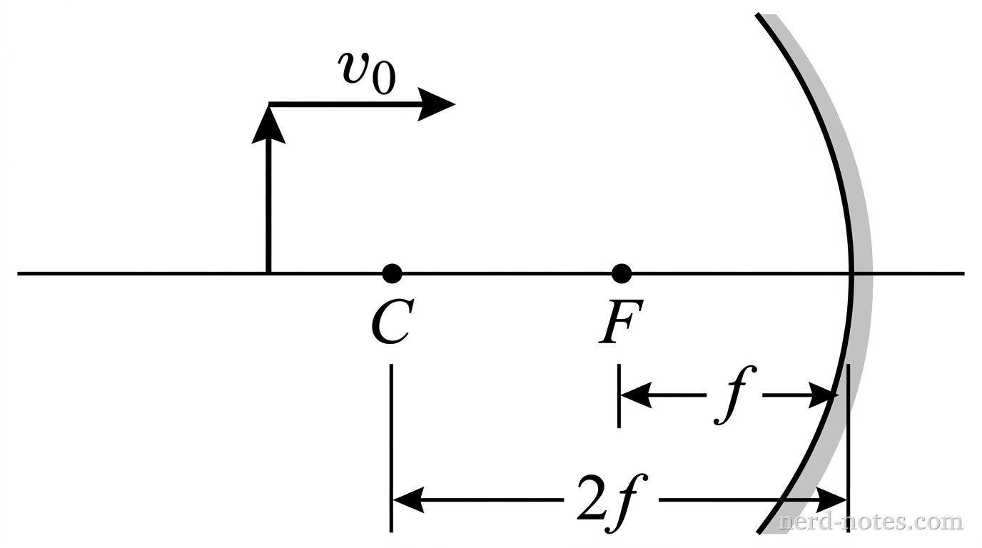 A horizontal principal axis line extends horizontally. A concave spherical mirror is positioned vertically on the right, curved toward the left. On the principal axis, focal point F is labeled at a distance f from the mirror, and center of curvature C is labeled at a distance 2f from the mirror. An upright arrow representing the object stands on the principal axis to the left of C. A horizontal arrow labeled v_0 points to the right toward the mirror, positioned directly above the object arrow. No image, traced rays, back-extensions, or other elements appear.