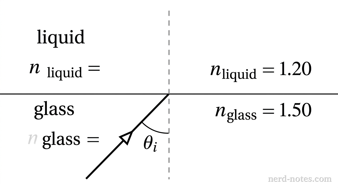 A two-region horizontal cross section showing a flat interface separating two media. The lower region is filled with glass and labeled with text glass, \(n_{\text{glass}} = 1.50\). The upper region is filled with liquid and labeled with text liquid, \(n_{\text{liquid}} = 1.20\). A vertical dashed line perpendicular to the interface represents the normal line. In the lower glass region, a single straight solid line with a central arrowhead starts from the lower-left and travels toward the upper-right, terminating at the intersection of the interface and the normal line. An angle arc is drawn in the lower region between the vertical dashed normal line and the incoming ray line, labeled with the symbol \(\theta_i\). No outgoing rays, reflected lines, or refracted lines are drawn above or below the interface. No other labels, lines, text, or axes appear.