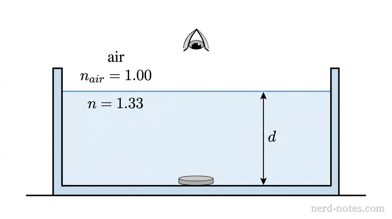 A side-view cross section of a open rectangular reservoir filled with water of refractive index n = 1.33 to a depth labeled d. The region above the water is labeled air with index n_air = 1.00. A small horizontal coin sits at the bottom center of the reservoir. An eye icon is situated above the water surface looking downward toward the coin. No light rays, back-extensions, or images are shown. No other labels, lines, text, or axes appear.