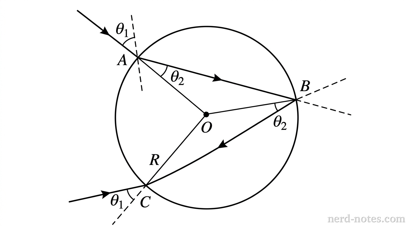 A circular cross section of a water droplet of radius R centered at O. A light ray enters from the upper left in air at point A on the droplet's edge. A radial line from O through A serves as the normal line. The incident ray makes an angle \theta_1 with this normal line. The ray refracts into the droplet toward point B on the inner right surface, making an angle \theta_2 with the normal at A. At point B, a radial line from O through B shows the normal. The ray reflects off the inner surface at point B, making equal angles \theta_2 with the normal at B, and travels to point C on the lower left edge. At point C, a radial line from O through C shows the normal. The ray refracts out into the air, making an angle \theta_1 with the normal at C. Dashed lines indicate the original straight-line path extensions of the ray to illustrate angular turning at each interface. No other labels, lines, text, or axes appear.