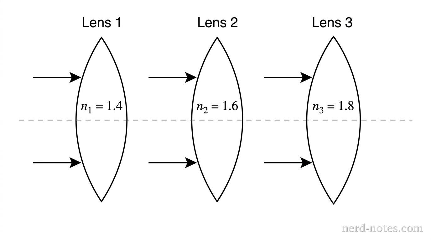 Three geometric lenses with identical dimensions but different indices of refraction in air.