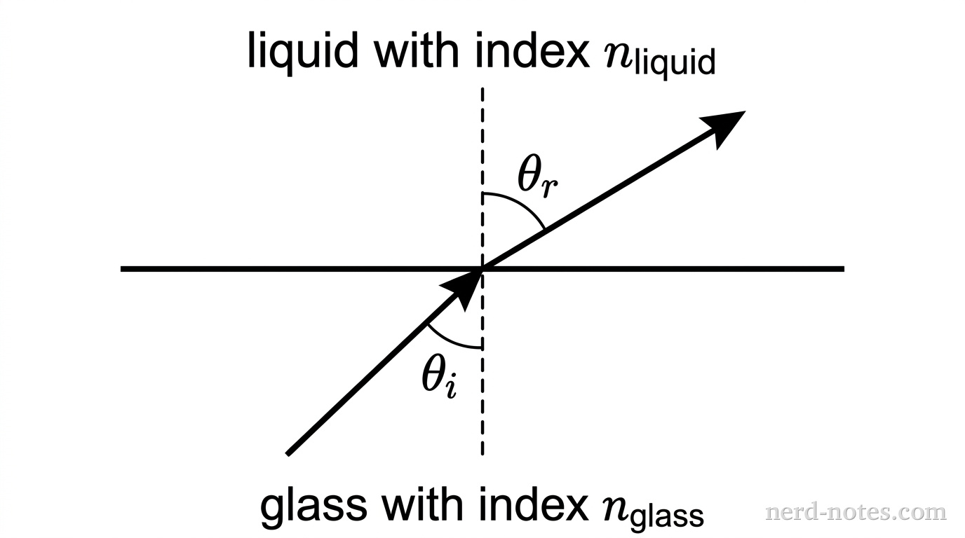 A horizontal line represents a flat boundary separating two media: the lower region is labeled glass with index n_{glass}, and the upper region is labeled liquid with index n_{liquid}. A vertical dashed line perpendicular to the boundary acts as the normal line. A light ray arrow in the glass region originates from the lower-left and travels toward the origin where the normal intersects the boundary, making an angle \theta_i with the vertical normal line. A second light ray arrow continues into the upper liquid region, bending away from the normal with an angle \theta_r relative to the vertical normal line, where \theta_r > \theta_i. No other labels, lines, text, or axes appear.