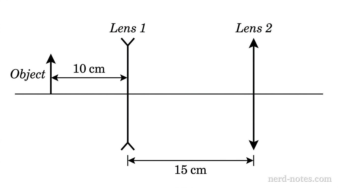 A horizontal line representing the optical axis extends across the diagram. A thin vertical line with concave arrowheads at the ends labeled Lens 1 represents a diverging lens. An upright arrow labeled Object stands on the optical axis at a distance of 10 cm to the left of Lens 1. A second thin vertical line with convex arrowheads labeled Lens 2 represents a converging lens positioned 15 cm to the right of Lens 1 along the optical axis. Horizontal dimension lines indicate the 10 cm separation between the Object and Lens 1, and the 15 cm separation between Lens 1 and Lens 2. No other labels, lines, text, or axes appear.