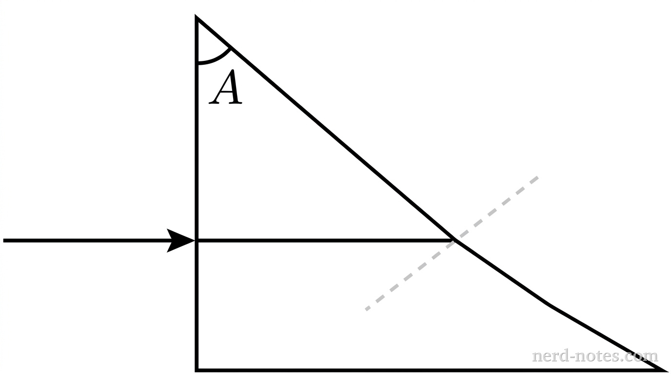 A schematic of a triangular glass prism surrounded by air. The prism has a vertical left face and a straight slanted right face that meets the left face at a top vertex with a small apex angle labeled A. A single horizontal ray of light, represented by a solid line with a rightward arrowhead, enters the left face perpendicular to the surface. The ray continues in a straight horizontal line through the interior of the glass prism until it reaches the slanted right face. A dashed line normal to the slanted face is drawn at the point of incidence on the inner boundary. No exiting ray or deviation angle is shown. No other labels, lines, text, or axes appear.