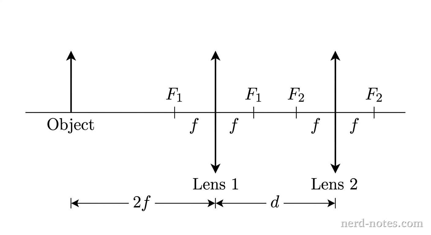 A horizontal line represents the principal axis. On the axis, an upright object arrow labeled 'Object' stands at a distance labeled 2f to the left of Lens 1, which is depicted as a vertical double-arrow segment labeled 'Lens 1'. Two focal point tick marks labeled 'F1' sit at distance f on either side of Lens 1. To the right of Lens 1, a second vertical double-arrow segment labeled 'Lens 2' is placed at a variable distance labeled d. Two focal point tick marks labeled 'F2' sit at distance f on either side of Lens 2. No rays, back-extensions, or formed images appear. No other labels, lines, text, or axes appear.