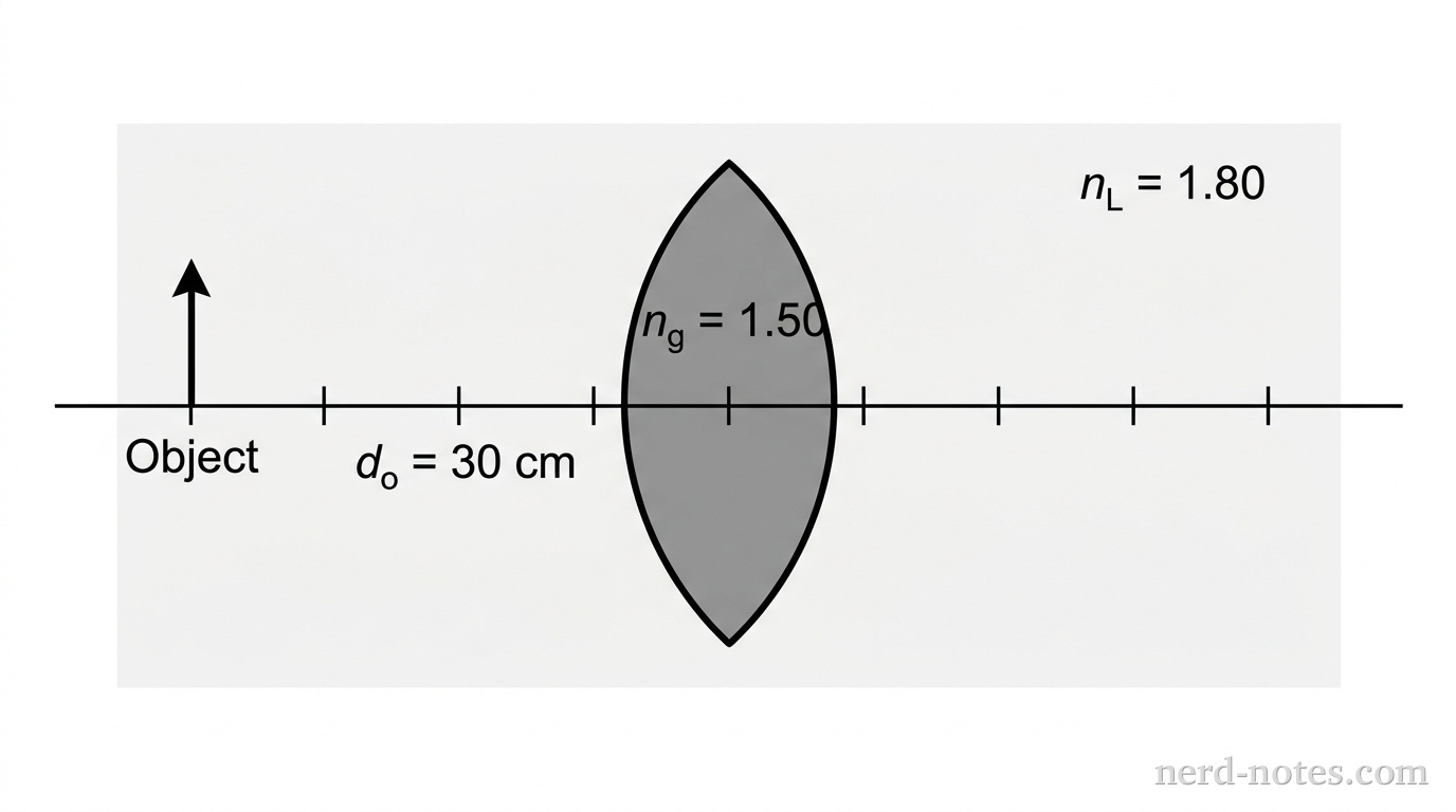 A schematic cross-section of a biconvex lens submerged in liquid. The horizontal principal axis passes through the center of the lens. To the left of the lens, a vertical arrow pointing upward represents an object at distance d_o = 30 cm, labeled Object. The surrounding liquid is shaded lightly and labeled n_L = 1.80. The lens material is labeled n_g = 1.50. Ticks marked along the axis indicate the relative placement of points. No other labels, lines, text, or axes appear.