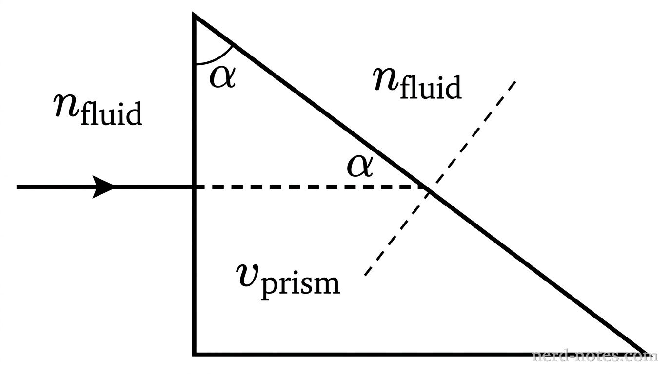 A right-angled triangular cross-section of a prism in a two-dimensional plane. The left face is vertical and the bottom face is horizontal, meeting at a 90-degree right angle at the bottom-left vertex. The top vertex has an interior apex angle labeled \(\alpha\). A horizontal incident light ray with an arrowhead pointing to the right enters the vertical left face perpendicularly at normal incidence. Inside the prism, the ray continues horizontally as a dashed line until it meets the slanted hypotenuse face. At the point of contact on the hypotenuse face, a dashed normal line is drawn perpendicular to the hypotenuse, extending outside and inside the prism. The angle between the horizontal ray inside the prism and the dashed normal line is labeled \(\alpha\). The region outside the prism is labeled \(n_{\text{fluid}}\), and the region inside the prism is labeled \(v_{\text{prism}}\). No other labels, lines, text, or axes appear.