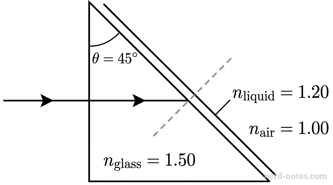 A right-triangular glass prism with a vertical left face, a horizontal bottom base, and a slanted hypotenuse face sloping down to the right. The top apex angle between the vertical face and the hypotenuse is labeled theta equals 45 degrees. The prism has index of refraction n_glass = 1.50. A thin uniform layer of liquid with n_liquid = 1.20 coats the slanted hypotenuse face. A horizontal light ray entering from the left strikes the vertical face at normal incidence, passes straight through, and hits the hypotenuse face. A dashed line perpendicular to the hypotenuse indicates the normal at the point of incidence. Outside the liquid layer is air with n_air = 1.00. No other labels, lines, text, or axes appear.