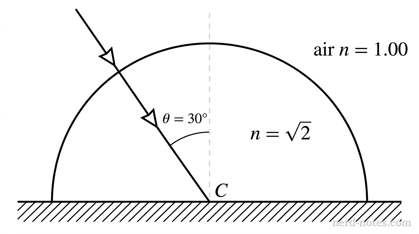 A semicircular glass block resting on its flat horizontal base. A vertical dashed line represents the normal to the flat base at its center point C. A single incoming light ray, drawn as a solid line with a single arrowhead pointing down and to the right, enters the curved top boundary of the semicircle. The ray travels along a radial line aimed directly at point C on the flat base. Inside the block, the angle between the incoming ray and the vertical dashed normal is labeled \(\theta = 30^\circ\). The index of refraction of the block is labeled \(n = \sqrt{2}\), and the surrounding medium is labeled air with \(n = 1.00\). No other labels, lines, text, or axes appear.