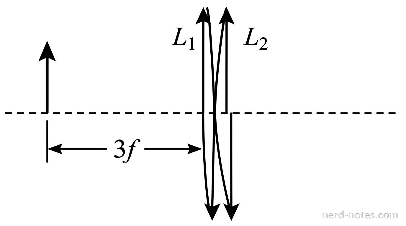 A horizontal dashed line represents a principal axis. A thin converging lens, represented by a vertical line with outward-pointing arrows at both ends, is positioned vertically at the center, labeled L_1. A second thin converging lens with identical outward-pointing arrowheads is placed directly adjacent and touching L_1 on its right side, labeled L_2. To the left of L_1, an upright solid arrow representing an object stands on the principal axis at a distance labeled 3f. No other labels, lines, text, or axes appear.