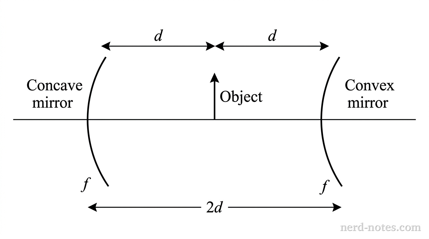 A horizontal axis line extends across the center. On the left, a concave mirror is shown as a vertical arc curving inward to the right, labeled Concave mirror. On the right, facing it, a convex mirror is shown as a vertical arc curving outward to the right, labeled Convex mirror. The separation between the mirrors is marked as 2d with a horizontal dimension arrow below the axis. Exactly midway between the mirrors, an upright vertical arrow represents an object, labeled Object. Horizontal arrows above the axis mark distance d from the object to the concave mirror, and distance d from the object to the convex mirror. Both mirrors are labeled as having focal magnitude f. No rays or images are shown. No other labels, lines, text, or axes appear.