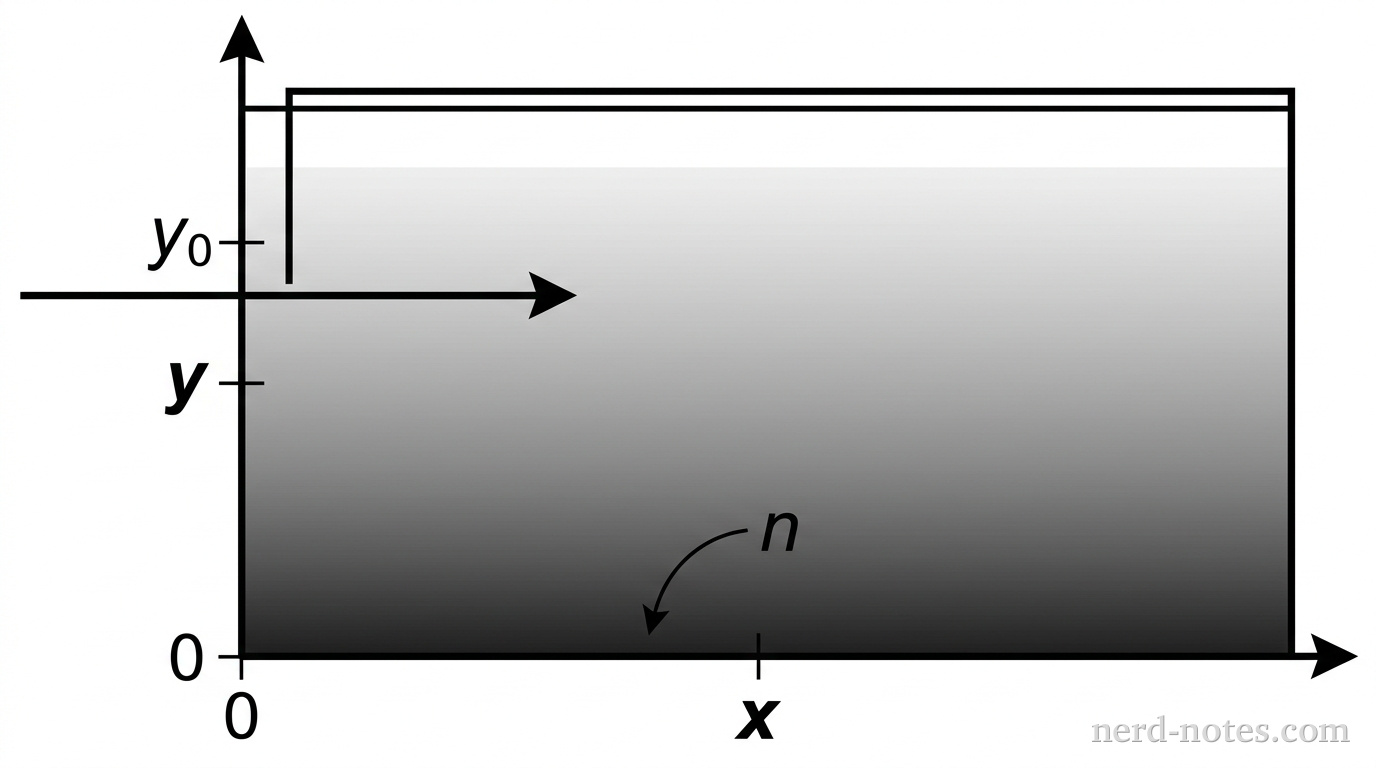 A rectangular transparent tank viewed from the side in the xy-plane. The vertical axis is labeled y (height) and the horizontal axis is labeled x (distance). Shading inside the tank is darkest at the bottom (y = 0) and smoothly lightens toward the top, illustrating that the index of refraction n is greatest at the bottom. A horizontal arrow representing a laser beam enters the left side of the tank at height y_0, pointing initially to the right along the positive x-direction.