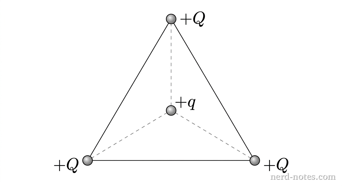 Three identical charges +Q at the vertices of an equilateral triangle with test charge +q at the center.