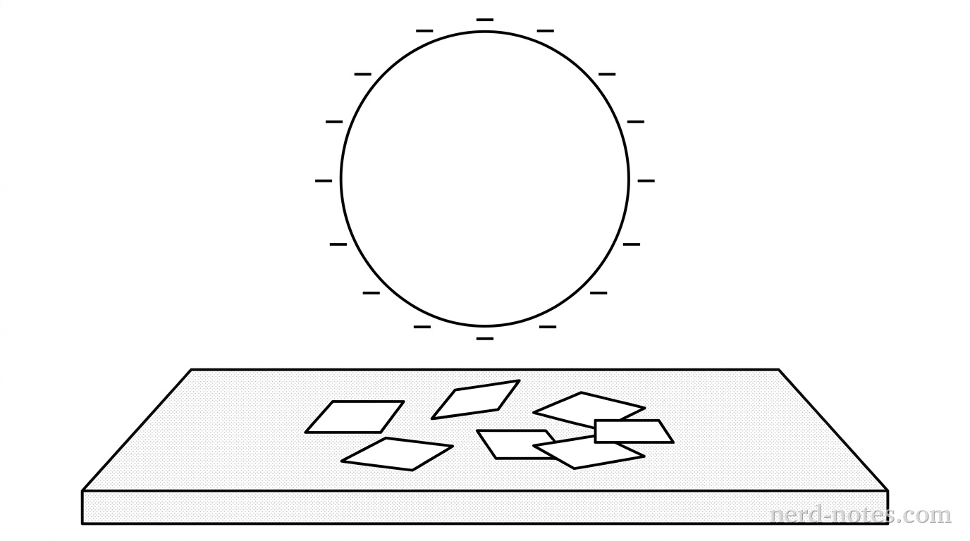 A rubber balloon labeled with negative minus signs distributed along its outer boundary is suspended a short distance directly above several small, flat, uncharged rectangular pieces of paper resting on a flat horizontal table top surface. No force vectors, field lines, or molecular dipoles are drawn. The drawing shows only the physical setup. No other labels, lines, text, or axes appear.
