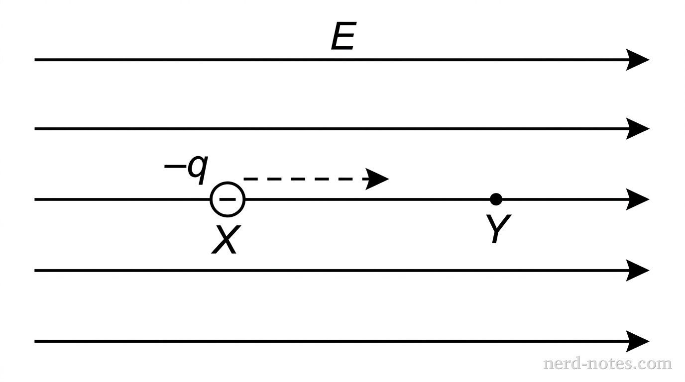 Five horizontal parallel lines with arrows pointing to the right, uniformly spaced, represent a uniform electric field labeled E. Point X is marked on one of the central field lines. Point Y is marked on the same field line to the right of point X. A small circle containing a minus sign, representing a negative point charge -q, is drawn at point X with a horizontal dashed arrow pointing rightward toward point Y. No other labels or lines appear.