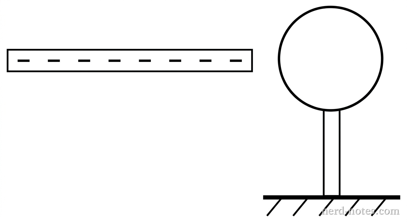 A horizontal insulating rod with negative charge signs along its length is placed to the left of a neutral conducting sphere. The sphere is supported by a thin vertical insulating cylinder resting on a flat ground line. The rod is close to the sphere but does not touch it. No other labels, lines, text, or axes appear.