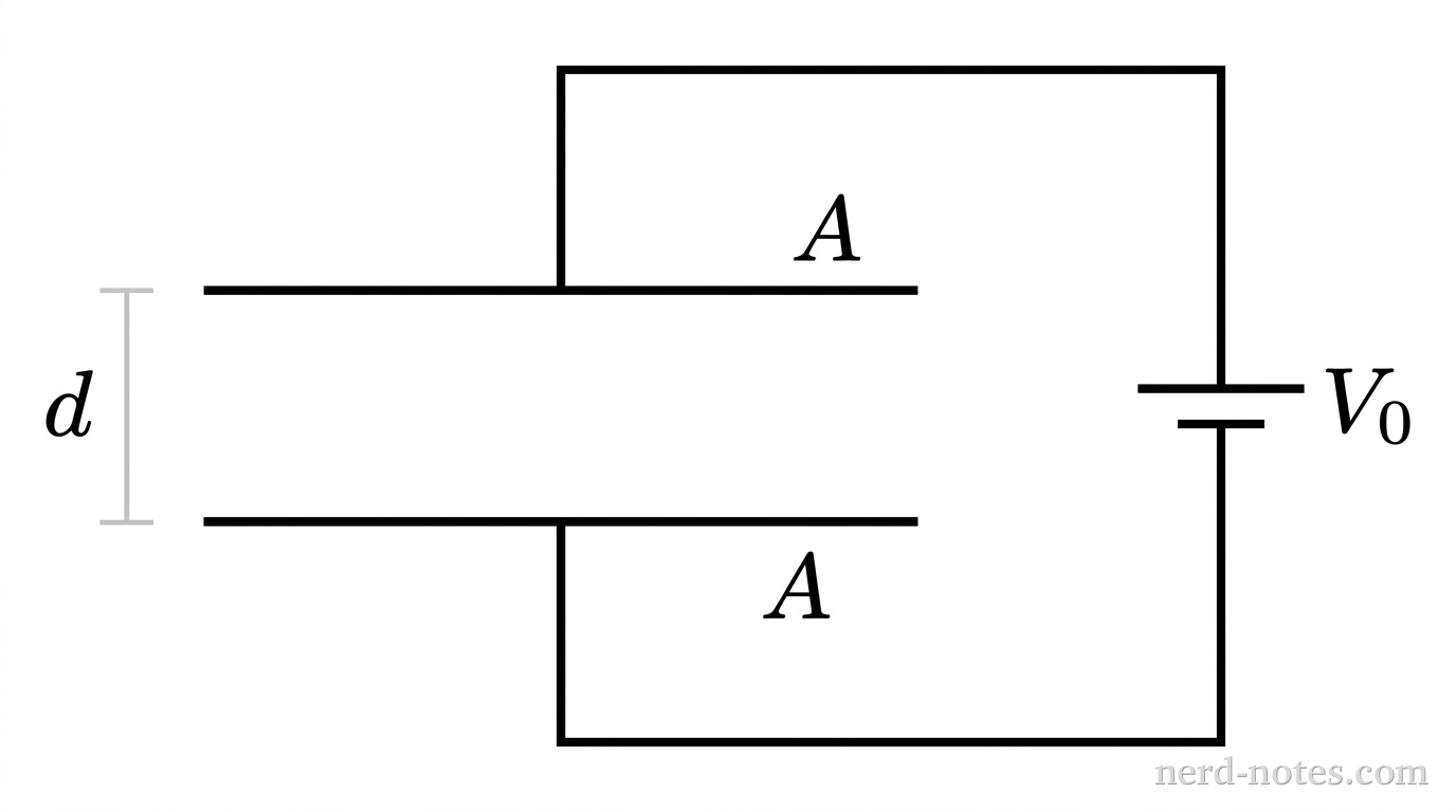 A schematic diagram showing a parallel-plate capacitor connected to a battery supplying potential difference V_0. The two flat parallel conductive plates have surface area A and are separated by vertical distance d. The upper plate connects to the positive battery terminal and the lower plate connects to the negative terminal. No other elements appear.
