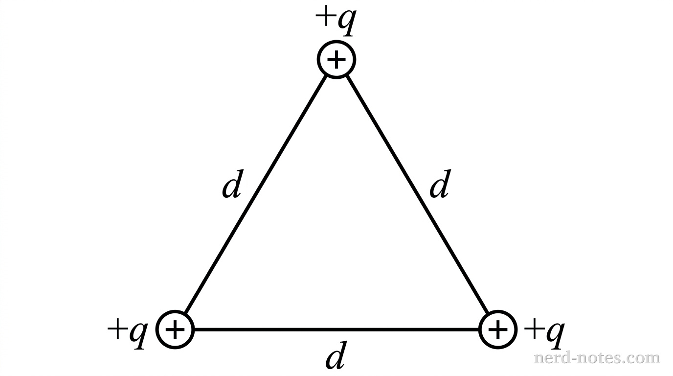 Three charges arranged at the vertices of an equilateral triangle.