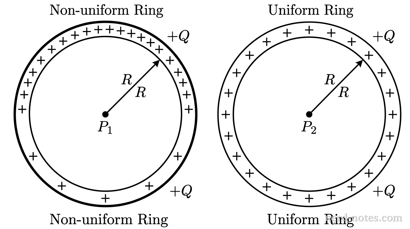 Two thin nonconducting rings of radius R with total charge +Q.