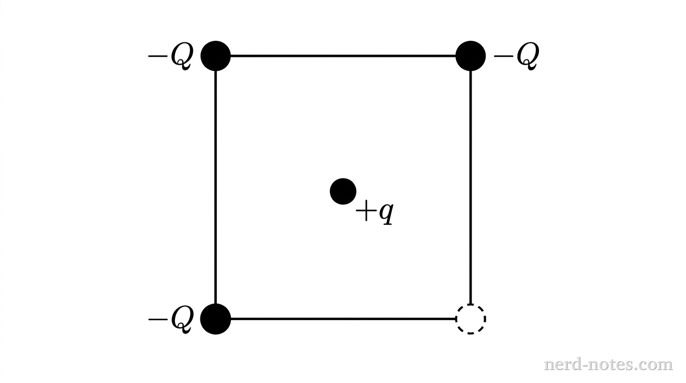 A square outline positioned centrally. At the top-left corner, a filled circle is labeled -Q. At the top-right corner, a filled circle is labeled -Q. At the bottom-left corner, a filled circle is labeled -Q. The bottom-right corner has an open dashed circle showing an empty corner. At the exact center of the square, a small filled circle is labeled +q. No force vectors, lines, or other labels appear.