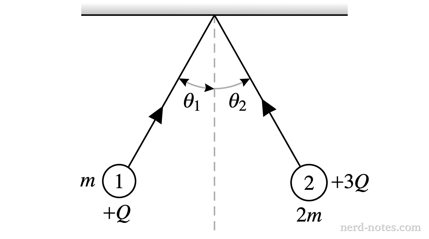 Two light insulating strings of identical length hang from a single support point on a horizontal ceiling. The left string holds a small sphere labeled 1 with mass m and charge +Q, inclined at an angle theta1 relative to a central vertical dashed reference line. The right string holds a small sphere labeled 2 with mass 2m and charge +3Q, inclined at an angle theta2 relative to the same central vertical dashed reference line. Both spheres are rendered symmetrically with respect to the vertical reference line. No other labels, lines, text, or axes appear.