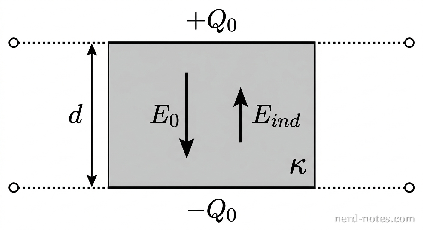 A side-view diagram of a parallel-plate capacitor oriented horizontally. The top horizontal plate is labeled with charge +Q_0 and the bottom horizontal plate is labeled with charge -Q_0. A rectangular shaded block labeled dielectric constant \kappa completely fills the vertical gap of thickness d between the plates. Inside the dielectric block, a downward arrow labeled E_0 represents the primary electric field, and a shorter upward arrow labeled E_ind represents the induced polarization field. Dotted wire leads extend outward from each plate ending in open circles, indicating an open circuit disconnect. No other labels, lines, text, or axes appear.