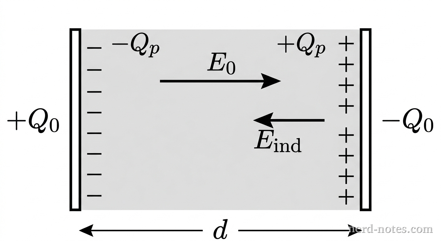 Cross-sectional diagram of two vertical parallel metal plates separated by distance d. The left plate has labels for charge +Q_0, and the right plate has labels for charge -Q_0. A shaded rectangular dielectric slab fills the region between the plates. On the left interior face of the dielectric facing the positive plate, a vertical row of negative bound charges -Q_p is drawn. On the right interior face facing the negative plate, a vertical row of positive bound charges +Q_p is drawn. A horizontal arrow labeled E_0 points from left to right. A smaller horizontal arrow labeled E_ind points from right to left inside the slab. No other labels, lines, text, or axes appear.