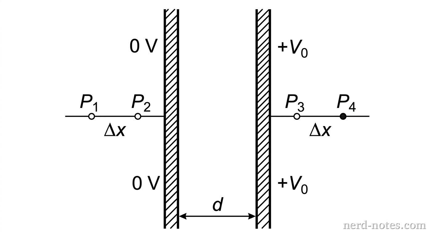 A pair of large vertical parallel conducting plates separated by distance d. The left plate is labeled 0 V. The right plate is labeled +V_0. Near the left plate, two points P1 and P2 sit along the horizontal axis separated by distance delta x. Near the right plate, two points P3 and P4 sit along the same axis separated by the same distance delta x. No other labels, lines, text, or axes appear.