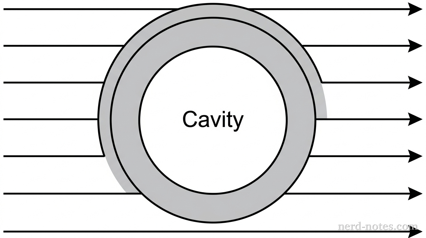 A cross-sectional view of a thick-walled hollow spherical conducting shell placed in a uniform external electric field. Parallel horizontal lines with arrowheads pointing to the right represent the external electric field E_0, spaced evenly above and below the shell. The shell consists of a shaded metallic region bounded by two concentric circles. The central area inside the inner circle is an empty cavity labeled Cavity. No charge signs or field lines are drawn inside the shell or cavity. No other labels, lines, text, or axes appear.