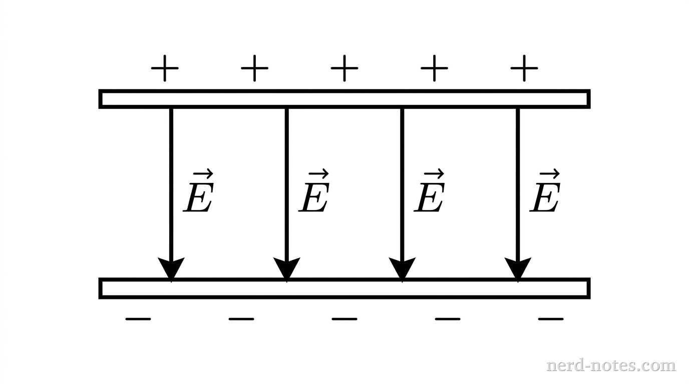 A side-view diagram of a parallel-plate capacitor oriented horizontally. Two thin horizontal rectangular plates of equal length are separated by a small vertical gap and positioned parallel to each other. The upper plate is drawn as a dark horizontal line with five positive sign labels '+' placed at equal intervals along its upper surface. The lower plate is drawn as a dark horizontal line with five negative sign labels '-' placed at equal intervals along its lower surface. In the interior space between the two plates, four parallel straight vertical vector arrows point straight down from the upper plate to the lower plate. These arrows are evenly spaced across the middle region and are labeled with the electric field vector symbol '\vec{E}'. No other labels, lines, text, or axes appear.