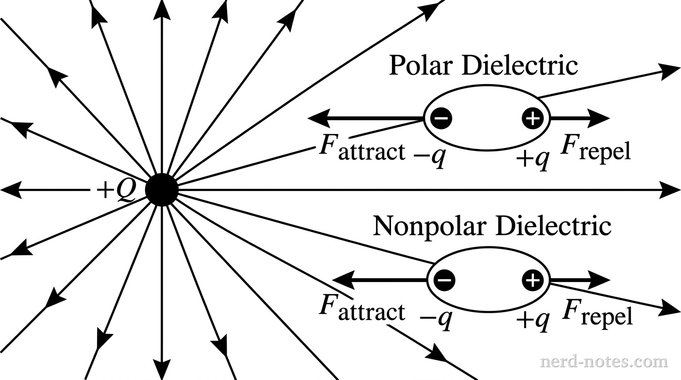 A positive point charge labeled +Q sits on the left. Radial electric field lines emanate outward from +Q, spreading apart as distance from +Q increases. To the right of +Q, two small elliptical molecules are shown in the field. One molecule represents a polar dielectric and the other represents a nonpolar dielectric. Both molecules are aligned horizontally with a negative charge labeled -q on their left side closer to +Q and a positive charge labeled +q on their right side farther from +Q. Leftward arrows labeled F_attract originate at -q, and shorter rightward arrows labeled F_repel originate at +q. No other labels, lines, text, or axes appear.