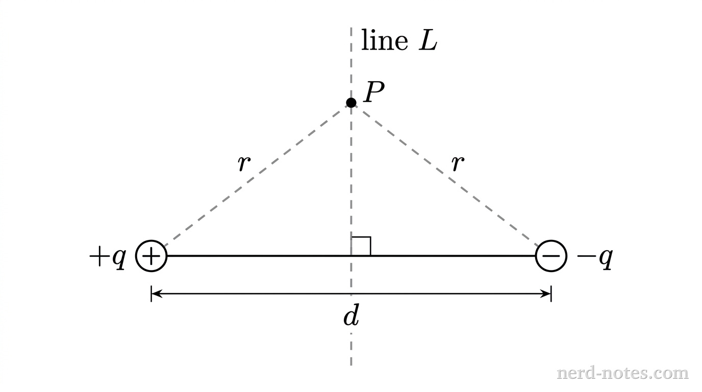 Two point charges +q and -q separated by distance d, with perpendicular bisector line L.
