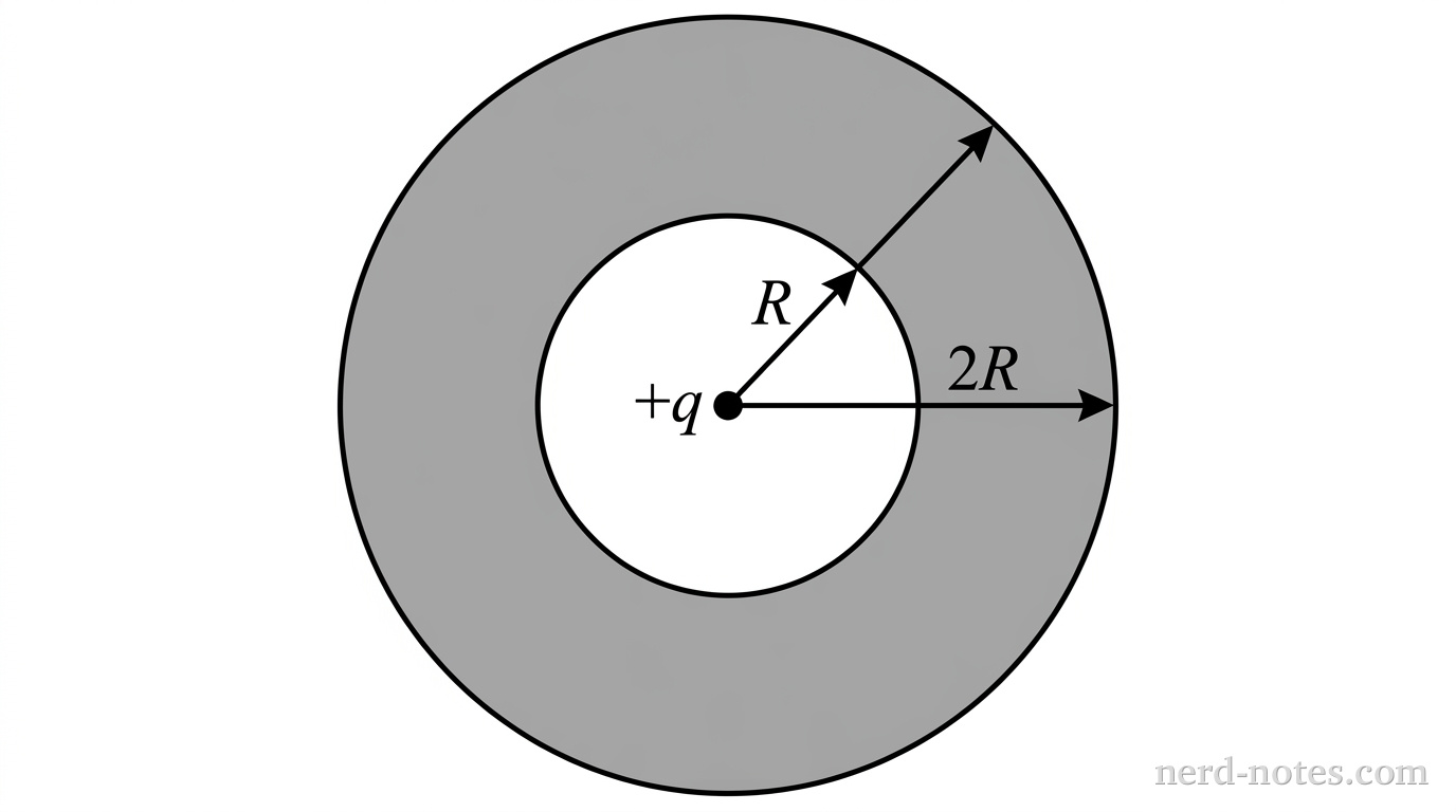 A cross-sectional diagram of a hollow spherical shell centered at the origin. At the center sits a small solid circle labeled +q. Surrounding the center is a thin inner circular boundary of radius R, drawn as a solid line with a double-headed arrow from the origin to the inner boundary labeled R. Beyond the inner boundary is a shaded thick circular region representing the conducting material. The outer circular boundary of this shaded region has a radius labeled 2R, with a double-headed arrow extending from the origin to the outer boundary labeled 2R. The region inside radius R and the region outside radius 2R are unshaded white space. No other labels, lines, text, or axes appear.