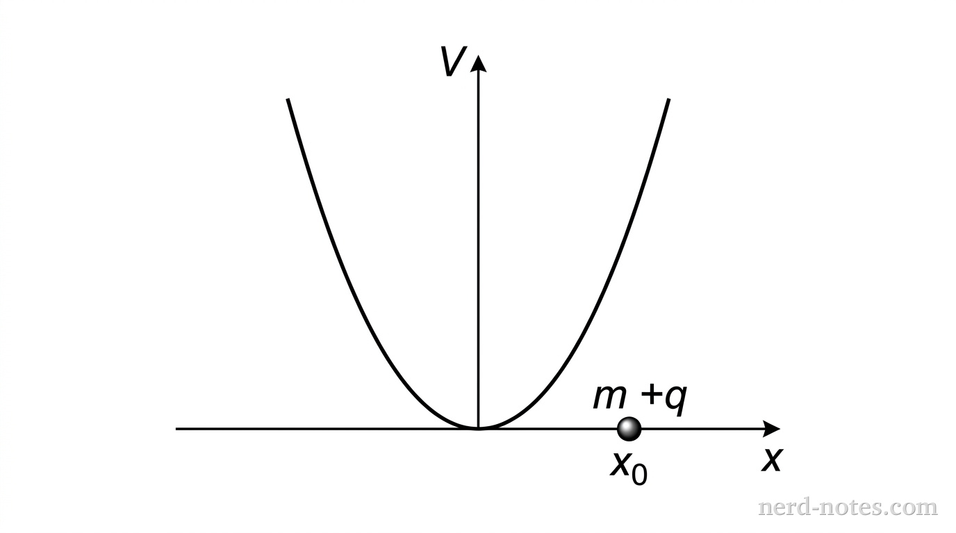 A plot of electric potential V on the vertical axis versus position x on the horizontal axis. A upward-opening parabola centered at the origin (0,0) represents the electric potential curve V(x) = alpha * x^2. Directly below the origin, a horizontal line represents the x-axis track, on which a small spherical bead labeled with mass m and charge +q rests at a displaced position x_0. No other labels, lines, text, or axes appear.