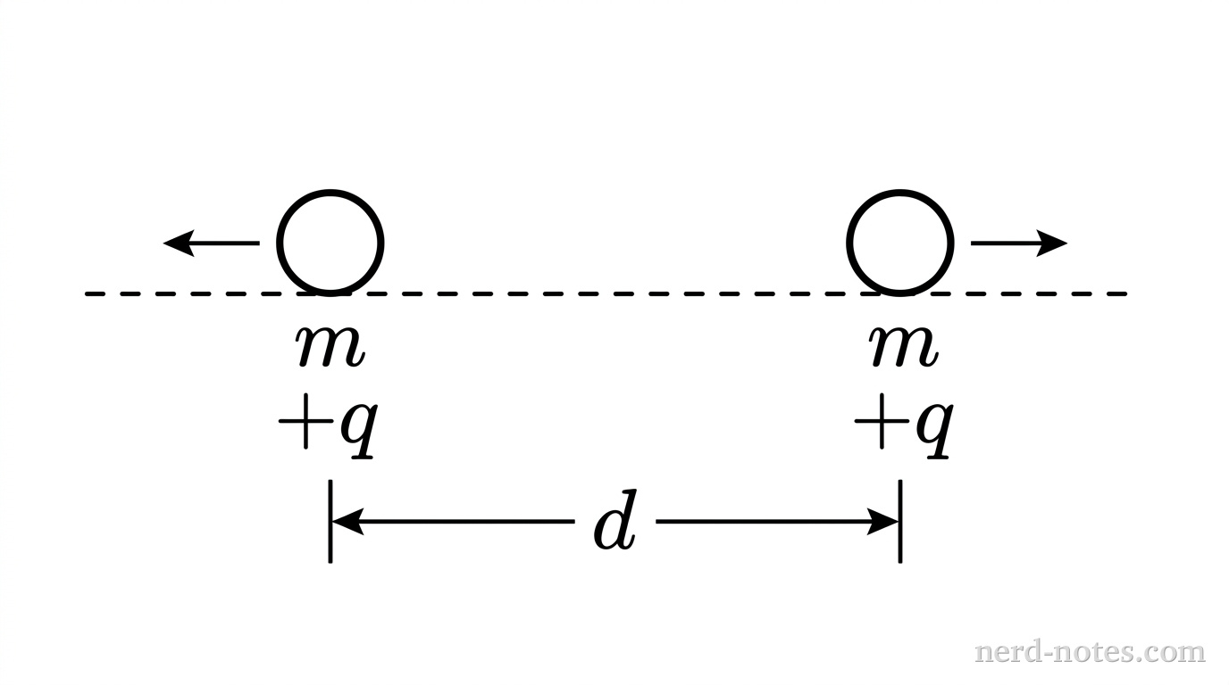 Two identical charged spheres released from rest at distance \(d\).