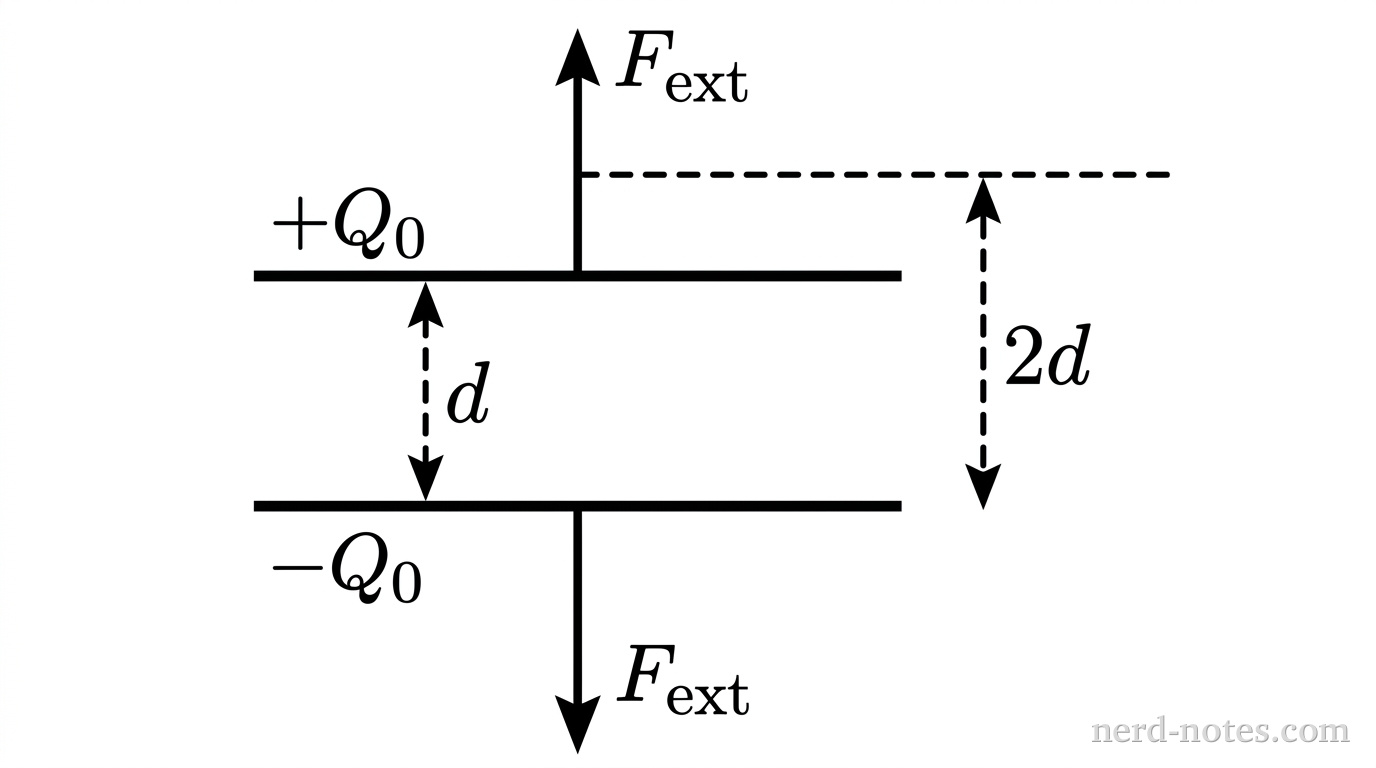 Two parallel horizontal conducting plates are shown in side-view as thick horizontal line segments separated vertically by distance d. The top plate is labeled +Q_0 and the bottom plate is labeled -Q_0. A dashed vertical dimension line between the plates is labeled d. An upward vertical arrow above the top plate and a downward vertical arrow below the bottom plate are both labeled F_{ext}. A dashed outline above the top plate indicates its displaced position, with a second vertical dimension line indicating a new separation distance of 2d. No other labels, lines, text, or axes appear.