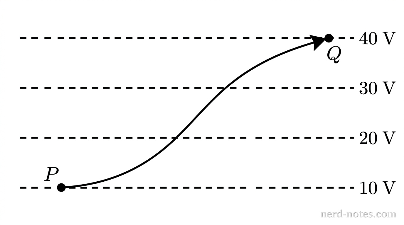 Four parallel horizontal dashed lines stacked vertically in a 2D plane. The bottom dashed line is labeled 10 V, the second line up is labeled 20 V, the third line up is labeled 30 V, and the top line is labeled 40 V. A point labeled P lies on the 10 V line near the left. A point labeled Q lies on the 40 V line near the right. A curved solid line with an arrow pointing toward Q connects point P to point Q, passing smoothly through the 20 V and 30 V lines. No other labels, lines, text, or axes appear.