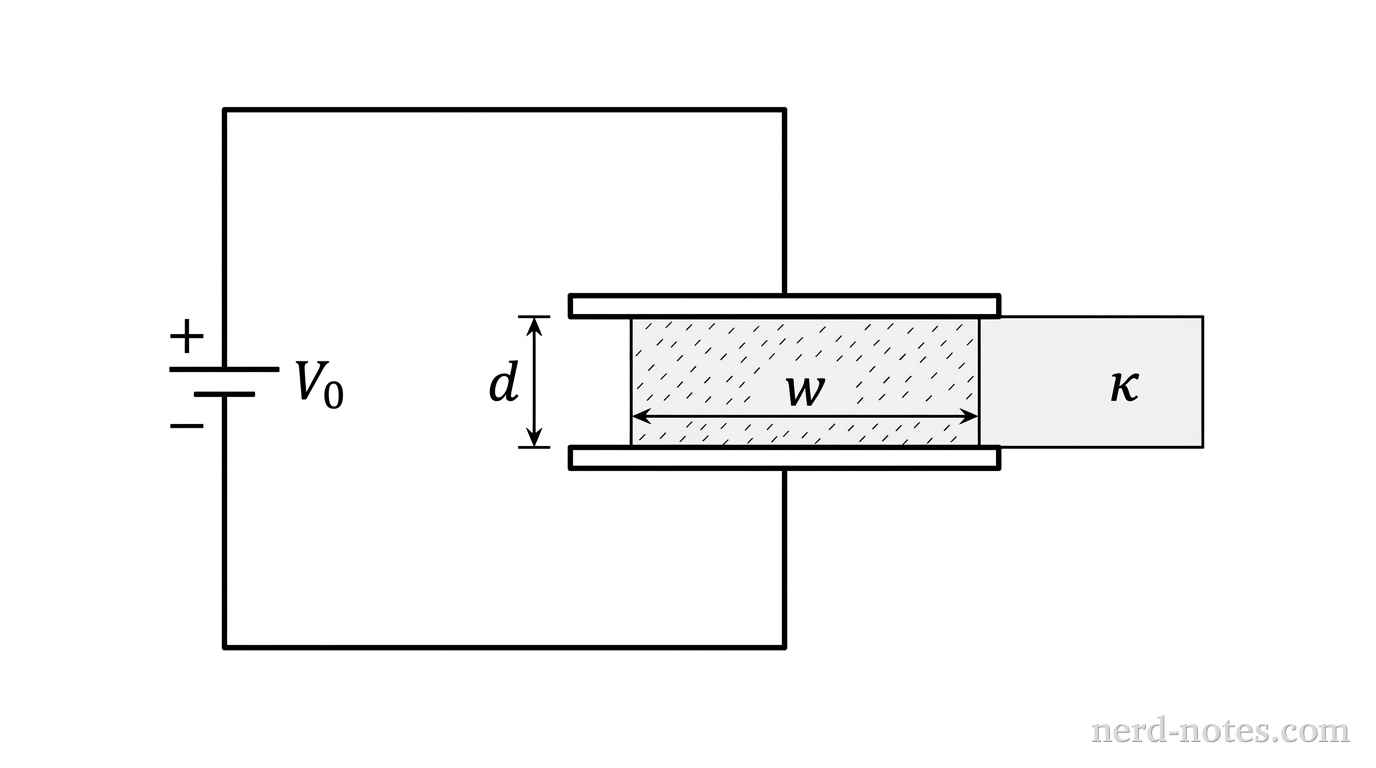 A circuit schematic showing a DC battery supplying constant voltage V_0 connected by conducting wires to a parallel-plate capacitor with horizontal plates. A dielectric slab with dielectric constant \(\kappa\) is drawn partially slid between the two plates.