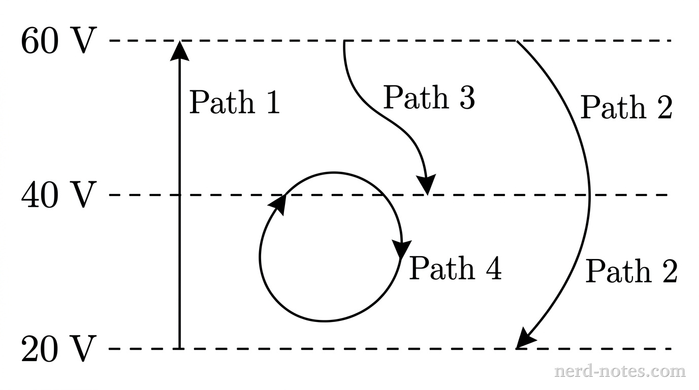 A schematic diagram showing three horizontal dashed lines representing parallel equipotential surfaces spaced evenly apart vertically. The bottom dashed line is labeled \(20\text{ V}\), the middle dashed line is labeled \(40\text{ V}\), and the top dashed line is labeled \(60\text{ V}\). Path 1 is a straight vertical arrow pointing upward from the \(20\text{ V}\) line to the \(60\text{ V}\) line, labeled Path 1. Path 2 is a smooth curved arrow bowing outward to the right, starting at the \(60\text{ V}\) line and ending at the \(20\text{ V}\) line, labeled Path 2. Path 3 is a wavy, S-shaped arrow starting at the \(60\text{ V}\) line and ending at the \(40\text{ V}\) line, labeled Path 3. Path 4 is a closed circular loop lying between the \(20\text{ V}\) and \(60\text{ V}\) lines, starting and ending at the same point on the \(40\text{ V}\) line, labeled Path 4. Arrowheads show the direction of motion along each path. No other labels, lines, text, or axes appear.
