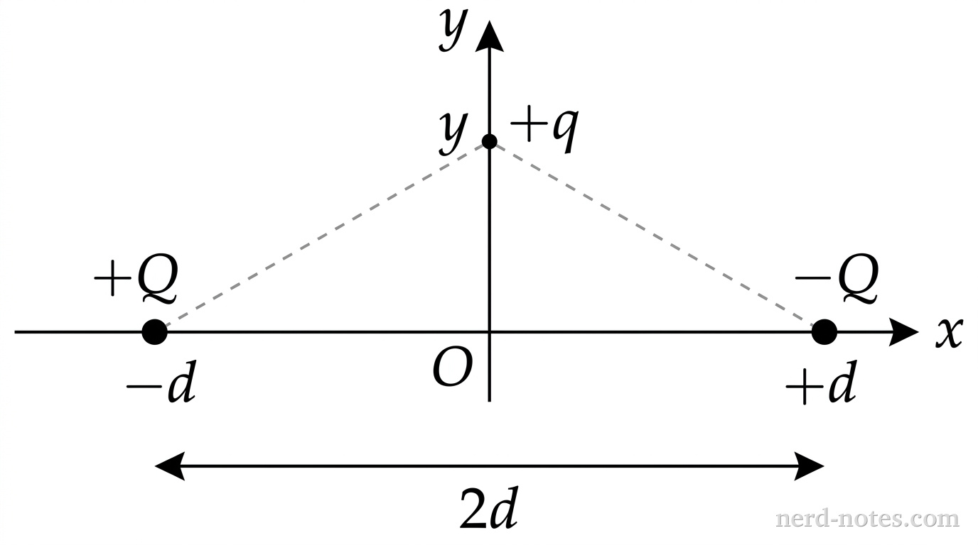Point charges \(+Q\) and \(-Q\) fixed on the \(x\)-axis with test charge \(+q\) on the \(y\)-axis.