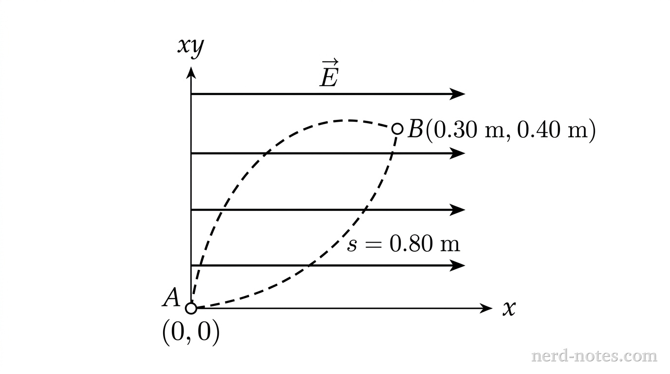 A two-dimensional xy-coordinate plane showing a uniform electric field represented by four equally spaced horizontal parallel arrows pointing to the right, labeled E. Point A is located at the origin (0, 0) and point B is located at (0.30 m, 0.40 m). A smooth, dashed curved path connects point A to point B, looping upward before ending at point B. A label near the path indicates 's = 0.80 m'. No other labels, lines, text, or axes appear.