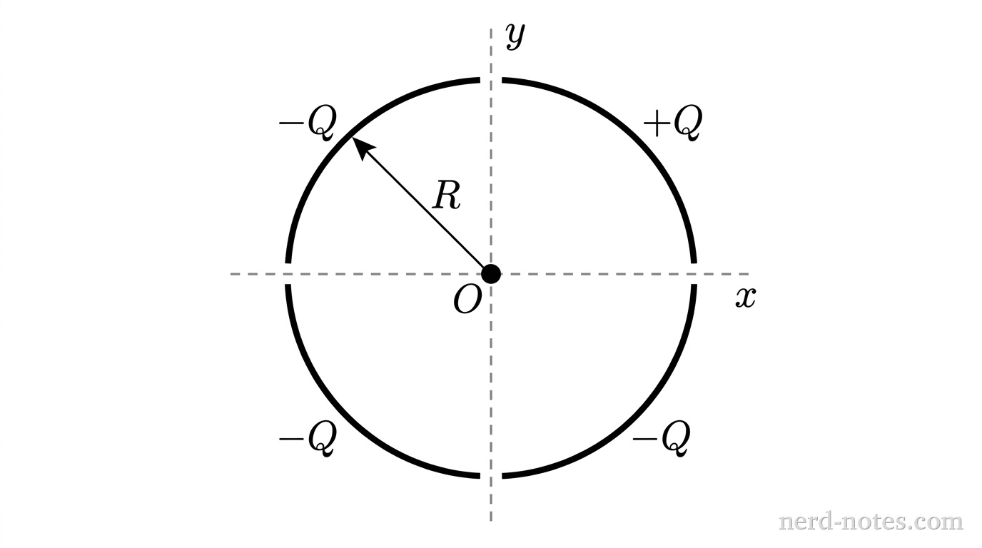 A circular ring divided into four equal quarter-sections with charges +Q, -Q, -Q, and -Q.